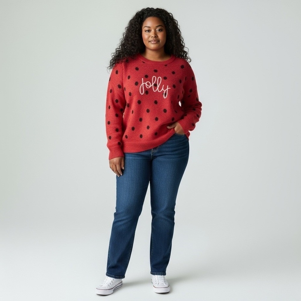 Adrienne Vittadini Womens 2X‎ Red Black Polka Dot Jolly Christmas Sweater - Picture 2 of 9